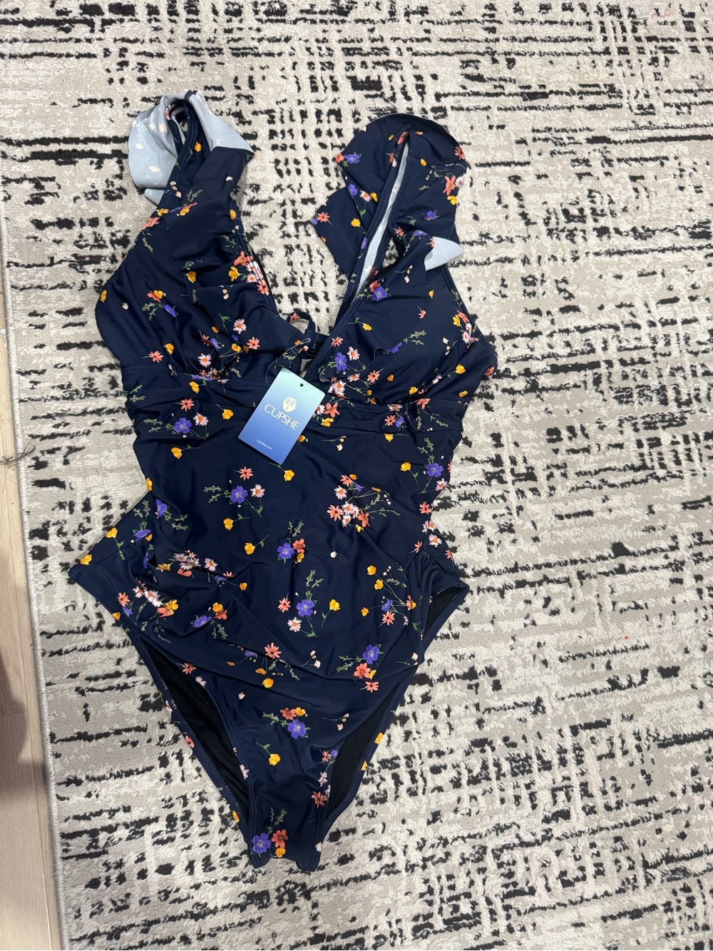 Cupshe Navy Floral Ruffle One-Piece Swimsuit for Kids